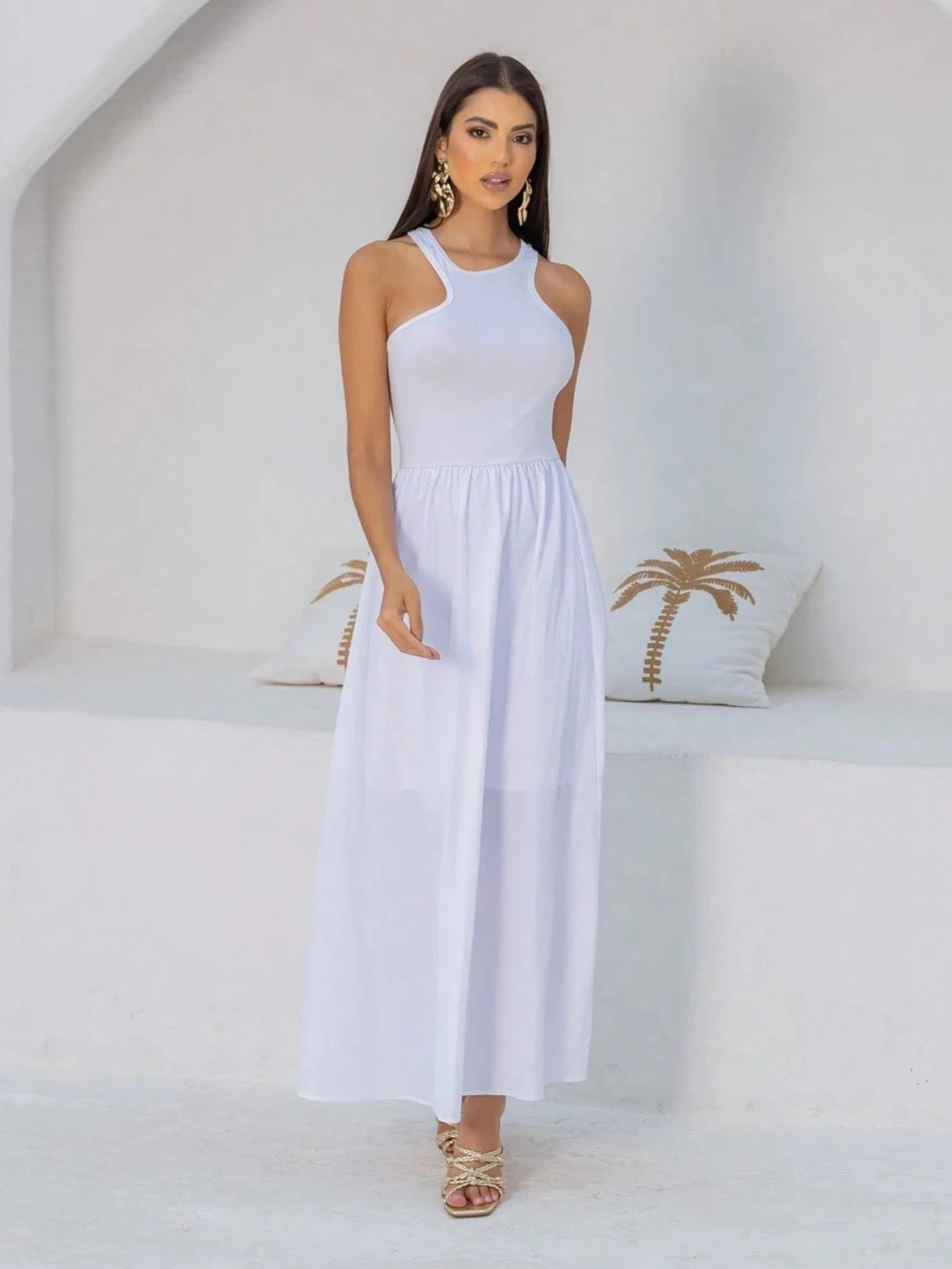 Vestido Longo Regata Assimétrica Branco - EstiloE, Vestido Regata, Vestido Longo, Vestido Franzido, Vestido Feminino, Vestido Casual, Vestido Branco