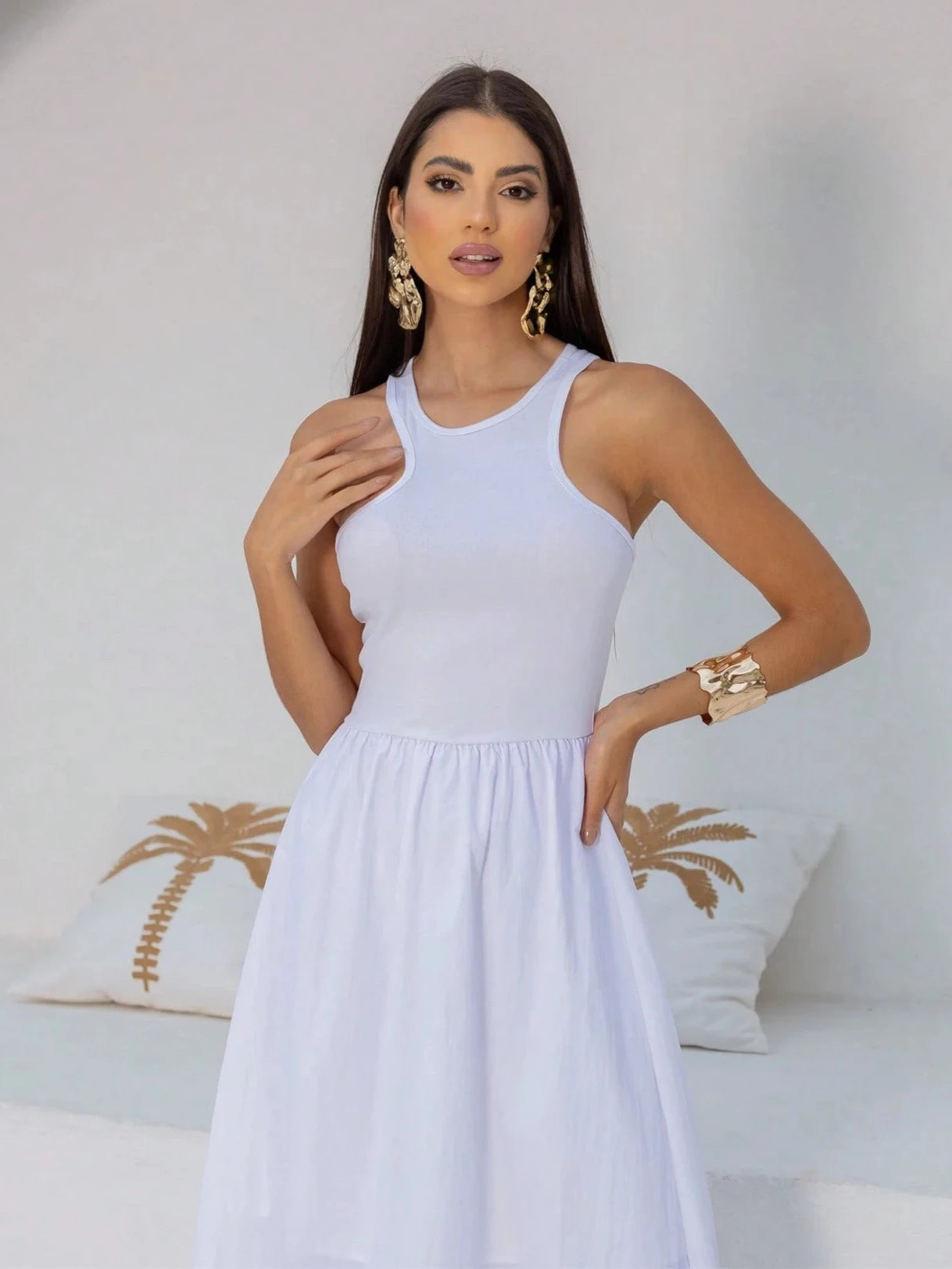 Vestido Longo Regata Assimétrica Branco - EstiloE, Vestido Regata, Vestido Longo, Vestido Franzido, Vestido Feminino, Vestido Casual, Vestido Branco