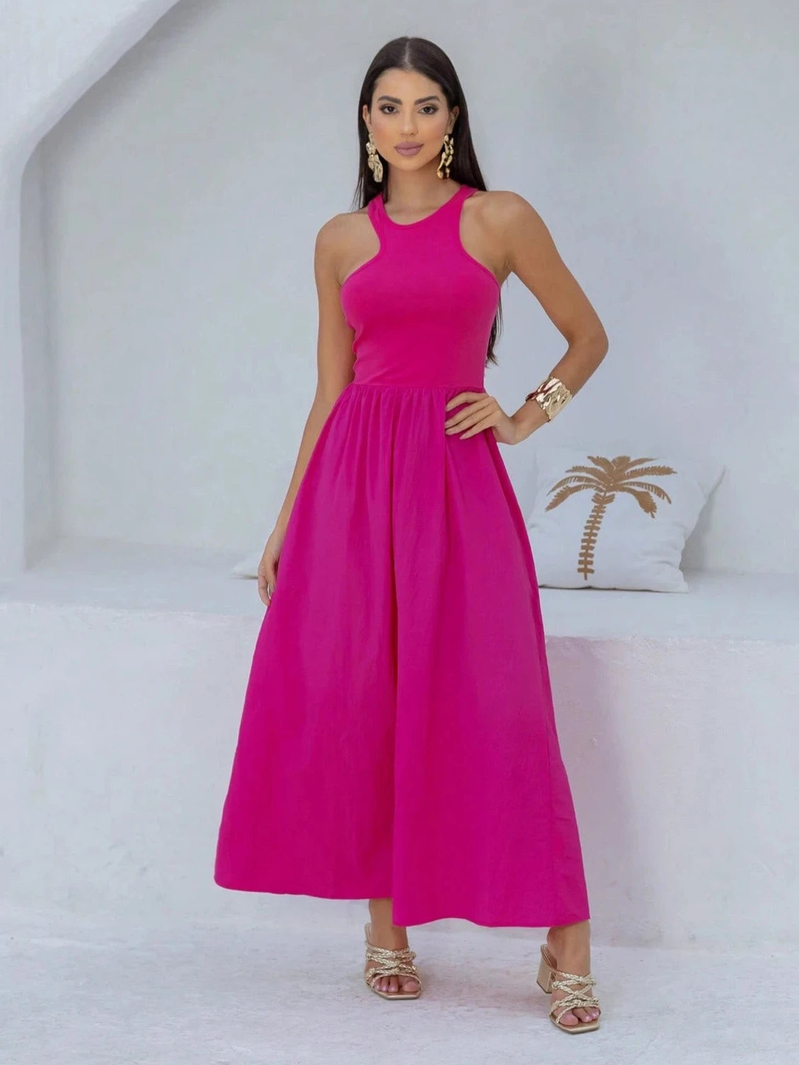 Vestido Longo Regata Assimétrica Pink - EstiloE, Vestido Regata, Vestido Longo, Vestido Franzido, Vestido Feminino, Vestido Casual, Vestido Pink