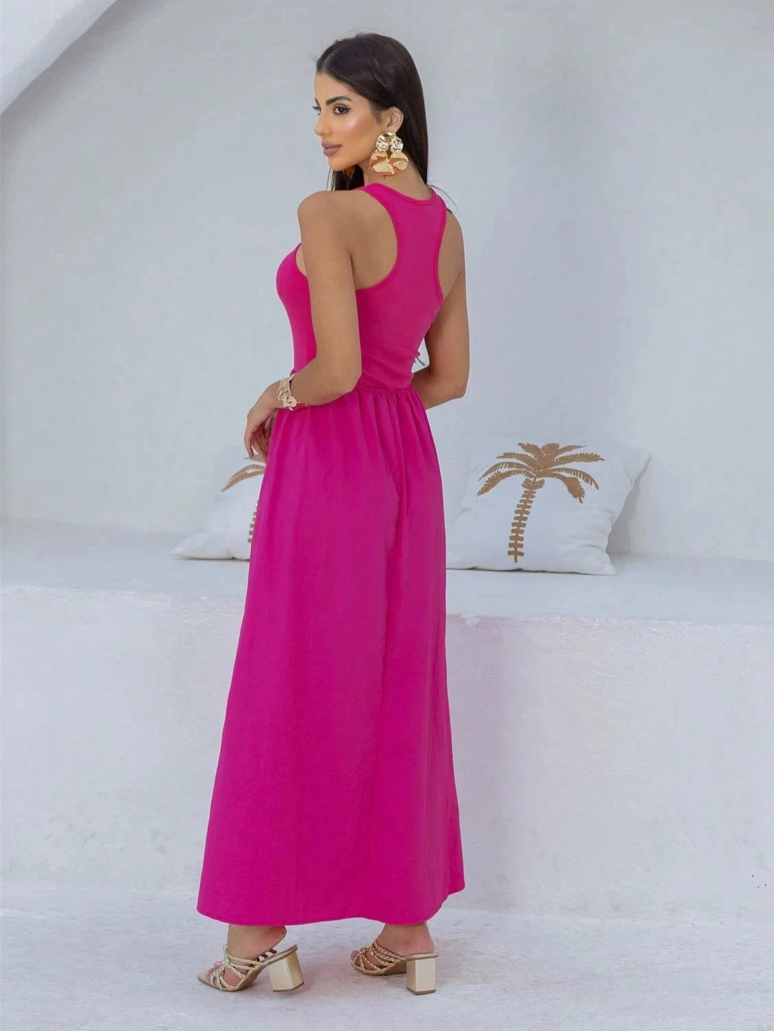 Vestido Longo Regata Assimétrica Pink - EstiloE, Vestido Regata, Vestido Longo, Vestido Franzido, Vestido Feminino, Vestido Casual, Vestido Pink