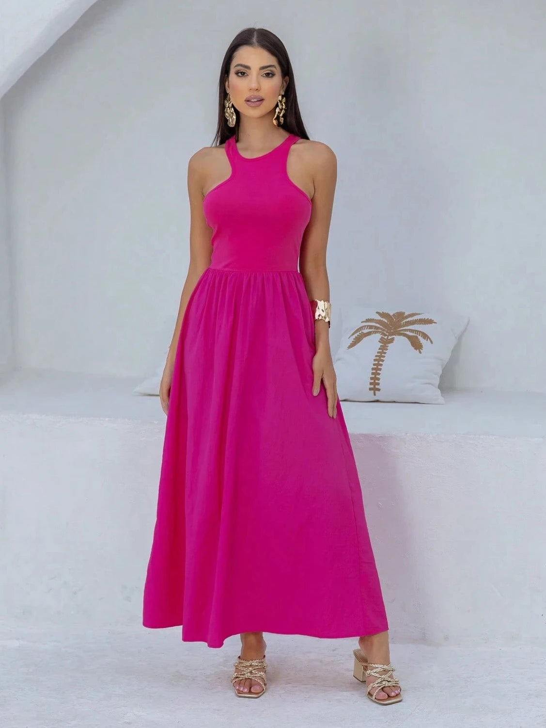 Vestido Longo Regata Assimétrica Pink - EstiloE, Vestido Regata, Vestido Longo, Vestido Franzido, Vestido Feminino, Vestido Casual, Vestido Pink