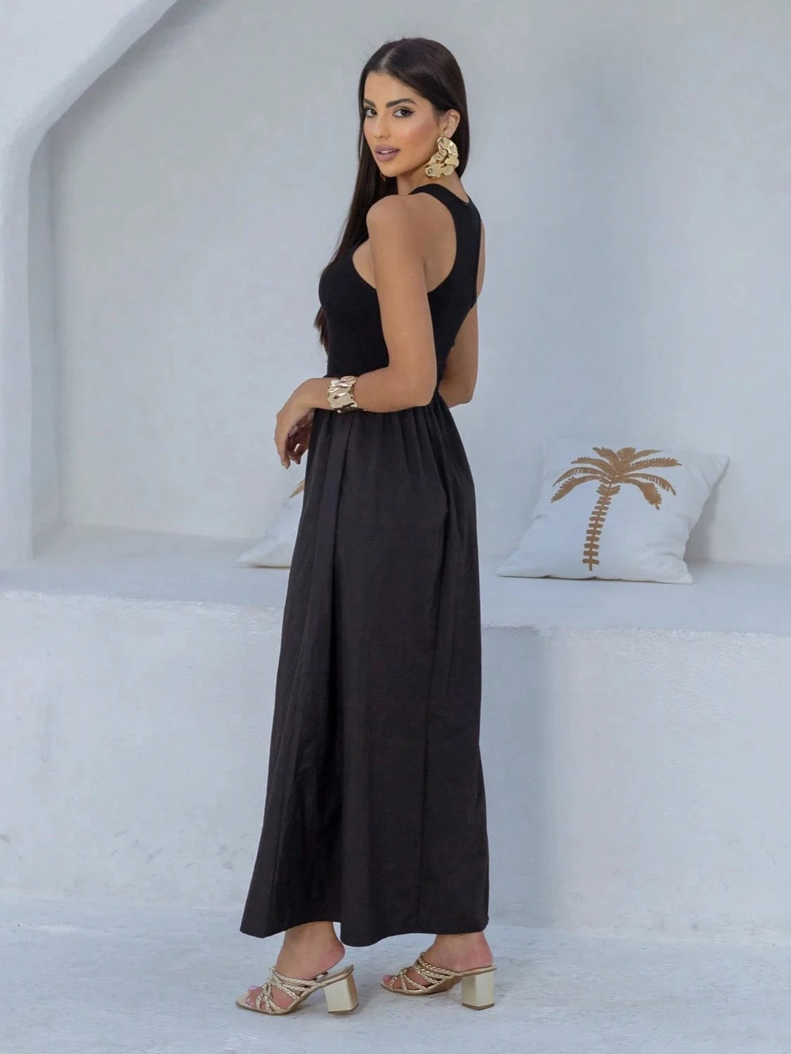 Vestido Longo Regata Assimétrica Preto - EstiloE, Vestido Regata, Vestido Longo, Vestido Franzido, Vestido Feminino, Vestido Casual, Vestido Preto