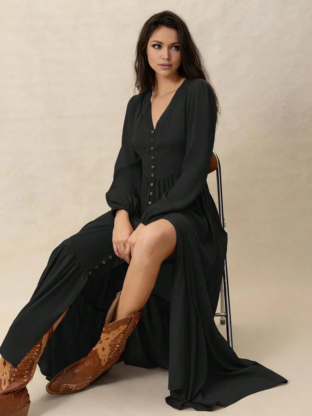 Vestido Longo com Renda Manga Longa Preto - EstiloE, Vestido Manga Longa Bufante, Vestido Longo, Vestido Manga Longa, Vestido Boho, Vestido Elegante, Vestido Casual, Vestido de Viscose, Vestido Boho Chic, Vestido Preto