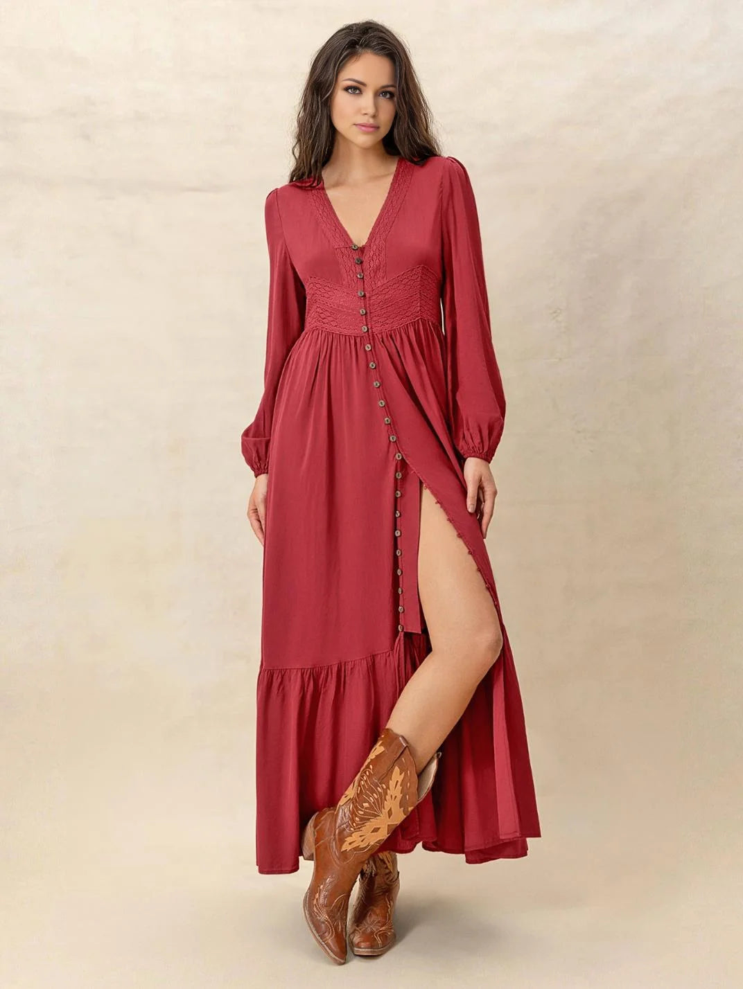 Vestido Longo com Renda Manga Longa Vermelho - EstiloE, Vestido Manga Longa Bufante, Vestido Longo, Vestido Manga Longa, Vestido Boho, Vestido Elegante, Vestido Casual, Vestido de Viscose, Vestido Boho Chic, Vestido Longo Vermelho, Vestido Vermelho, Vestido Manga longa Vermelho