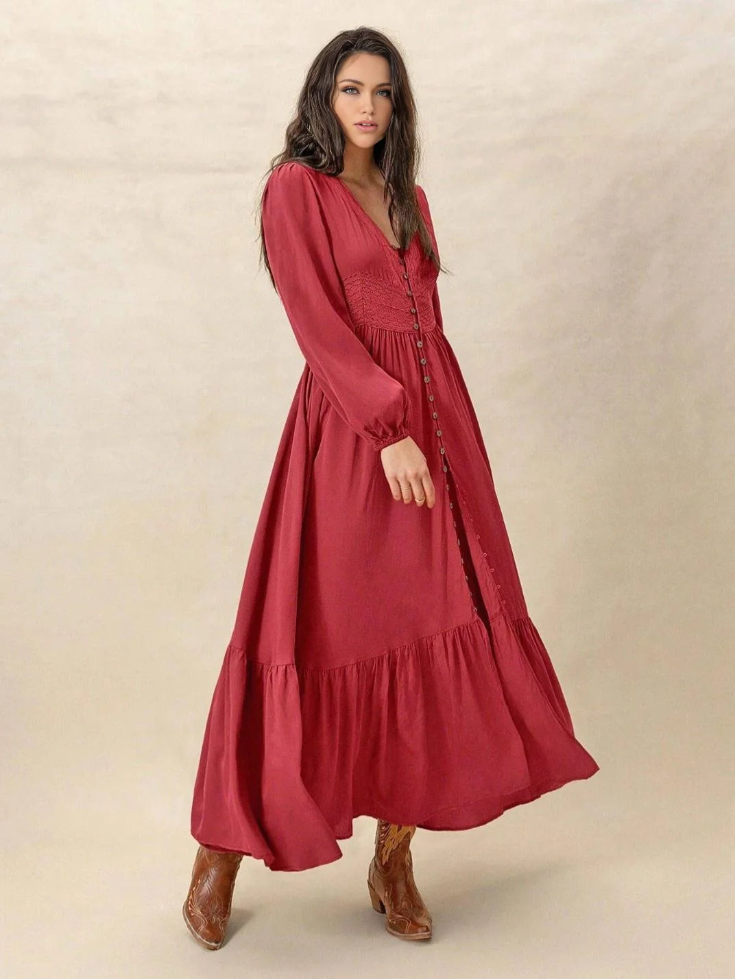 Vestido Longo com Renda Manga Longa Vermelho - EstiloE, Vestido Manga Longa Bufante, Vestido Longo, Vestido Manga Longa, Vestido Boho, Vestido Elegante, Vestido Casual, Vestido de Viscose, Vestido Boho Chic, Vestido Longo Vermelho, Vestido Vermelho, Vestido Manga longa Vermelho