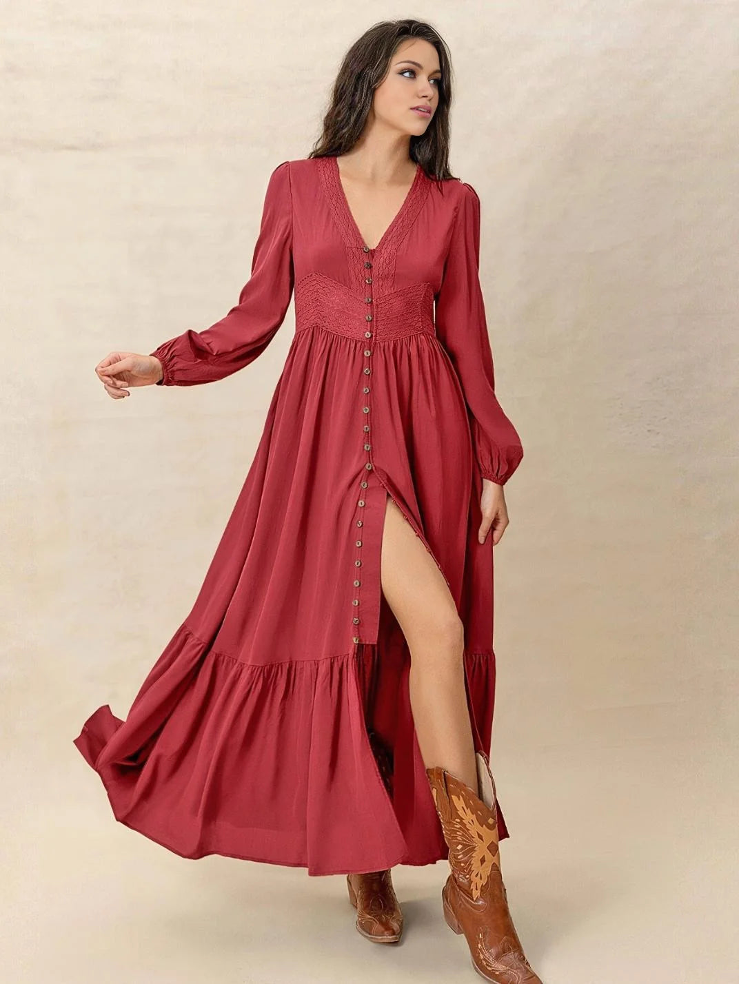 Vestido Longo com Renda Manga Longa Vermelho - EstiloE, Vestido Manga Longa Bufante, Vestido Longo, Vestido Manga Longa, Vestido Boho, Vestido Elegante, Vestido Casual, Vestido de Viscose, Vestido Boho Chic, Vestido Longo Vermelho, Vestido Vermelho, Vestido Manga longa Vermelho