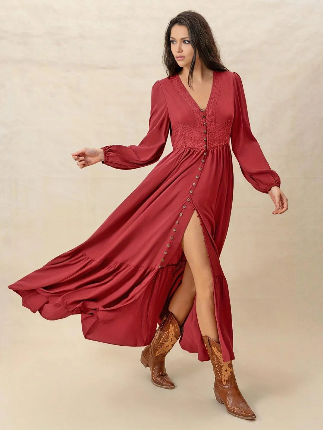Vestido Longo com Renda Manga Longa Vermelho - EstiloE, Vestido Manga Longa Bufante, Vestido Longo, Vestido Manga Longa, Vestido Boho, Vestido Elegante, Vestido Casual, Vestido de Viscose, Vestido Boho Chic, Vestido Longo Vermelho, Vestido Vermelho, Vestido Manga longa Vermelho