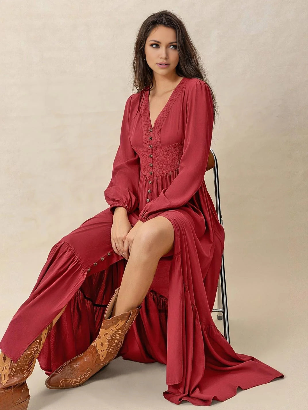 Vestido Longo com Renda Manga Longa Vermelho - EstiloE, Vestido Manga Longa Bufante, Vestido Longo, Vestido Manga Longa, Vestido Boho, Vestido Elegante, Vestido Casual, Vestido de Viscose, Vestido Boho Chic, Vestido Longo Vermelho, Vestido Vermelho, Vestido Manga longa Vermelho