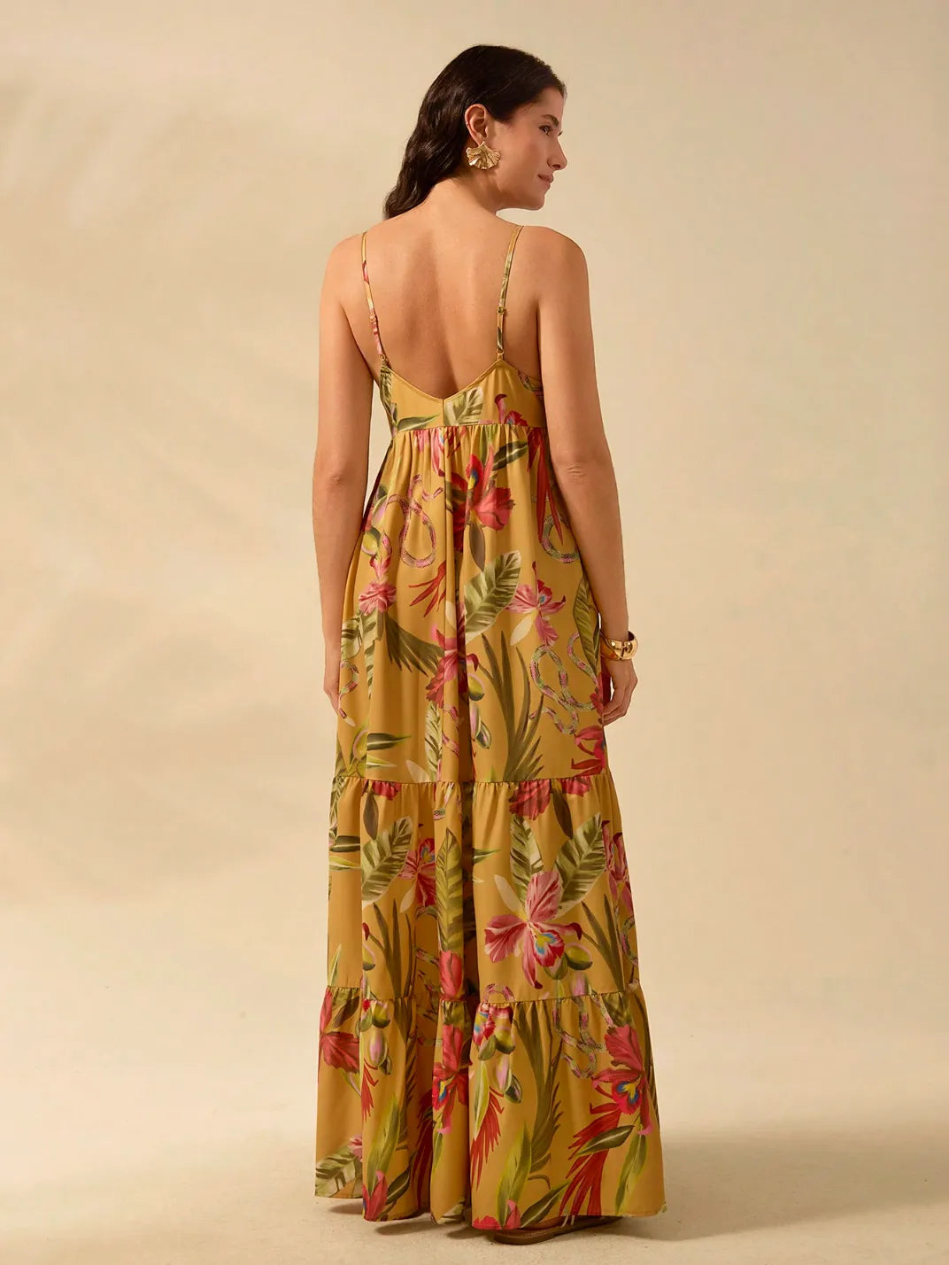 Vestido Longo Tês Marias Orquídea - EstiloE, Vestido Soltinho, Vestido Rodado, Vestido Longo, Vestido Franzido, Vestido Floral, Vestido Feminino, Vestido Estampado, Vestido Casual, Vestido Boho, Vestido Alcinha, Vestido Três Marias