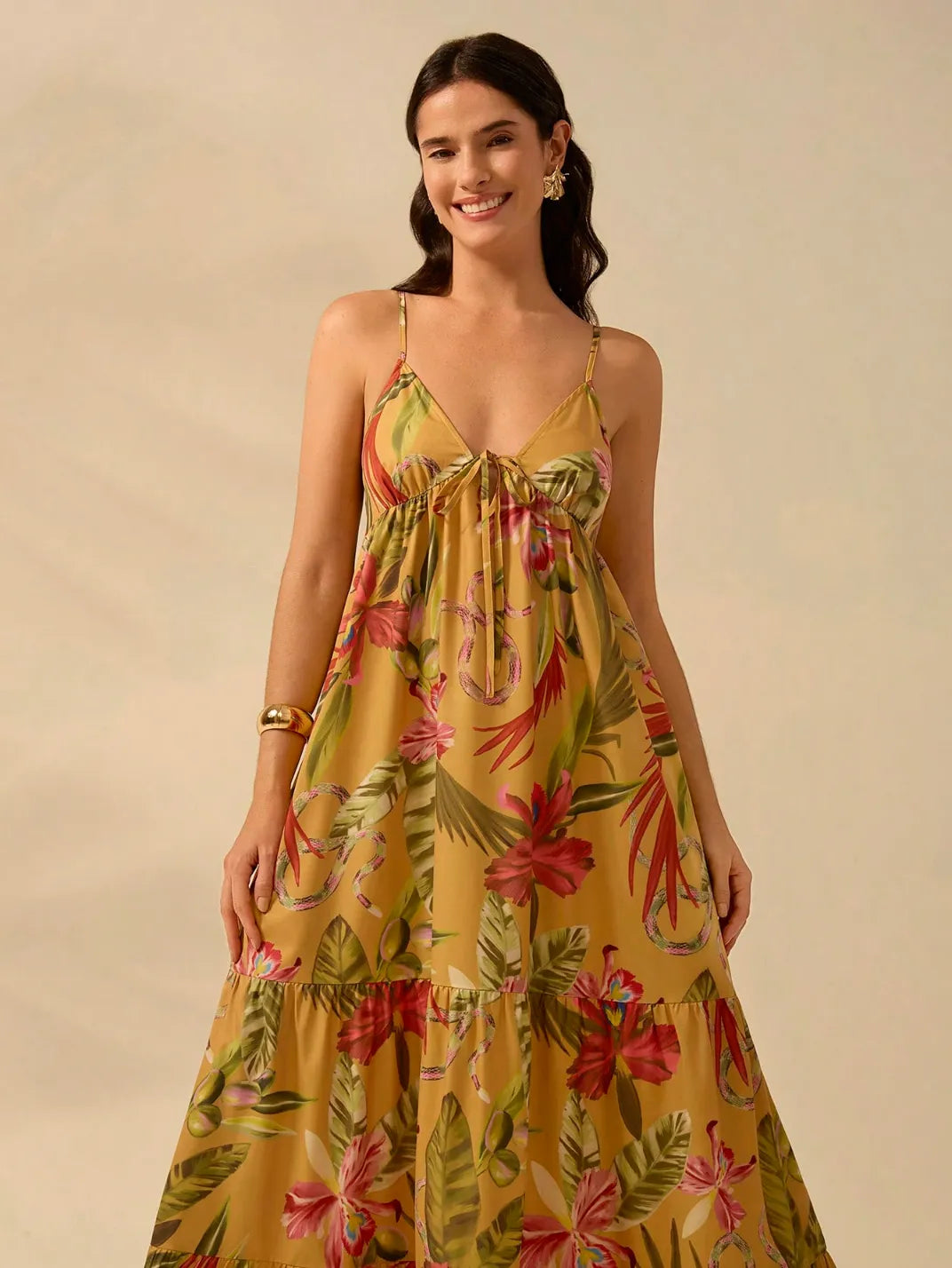 Vestido Longo Tês Marias Orquídea - EstiloE, Vestido Soltinho, Vestido Rodado, Vestido Longo, Vestido Franzido, Vestido Floral, Vestido Feminino, Vestido Estampado, Vestido Casual, Vestido Boho, Vestido Alcinha, Vestido Três Marias