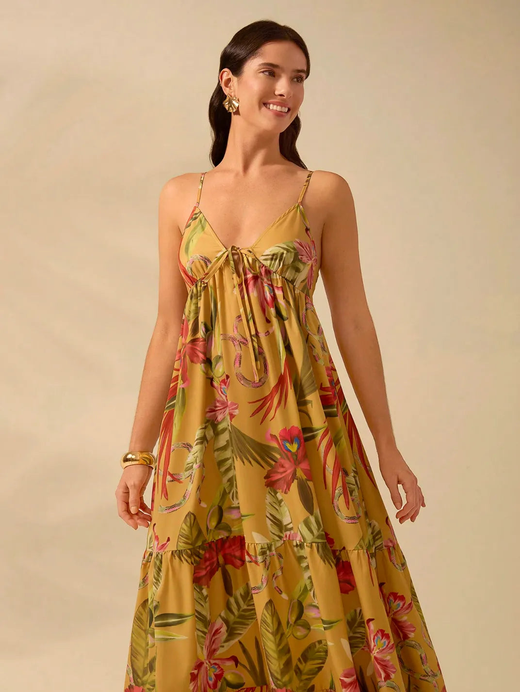 Vestido Longo Tês Marias Orquídea - EstiloE, Vestido Soltinho, Vestido Rodado, Vestido Longo, Vestido Franzido, Vestido Floral, Vestido Feminino, Vestido Estampado, Vestido Casual, Vestido Boho, Vestido Alcinha, Vestido Três Marias