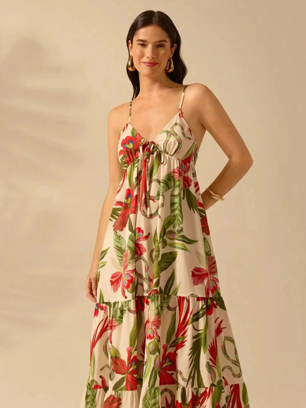 Vestido Longo Três Marias Orquídea - EstiloE, Vestido Soltinho, Vestido Rodado, Vestido Longo, Vestido Franzido, Vestido Floral, Vestido Feminino, Vestido Estampado, Vestido Casual, Vestido Boho, Vestido Alcinha, Vestido Três Marias