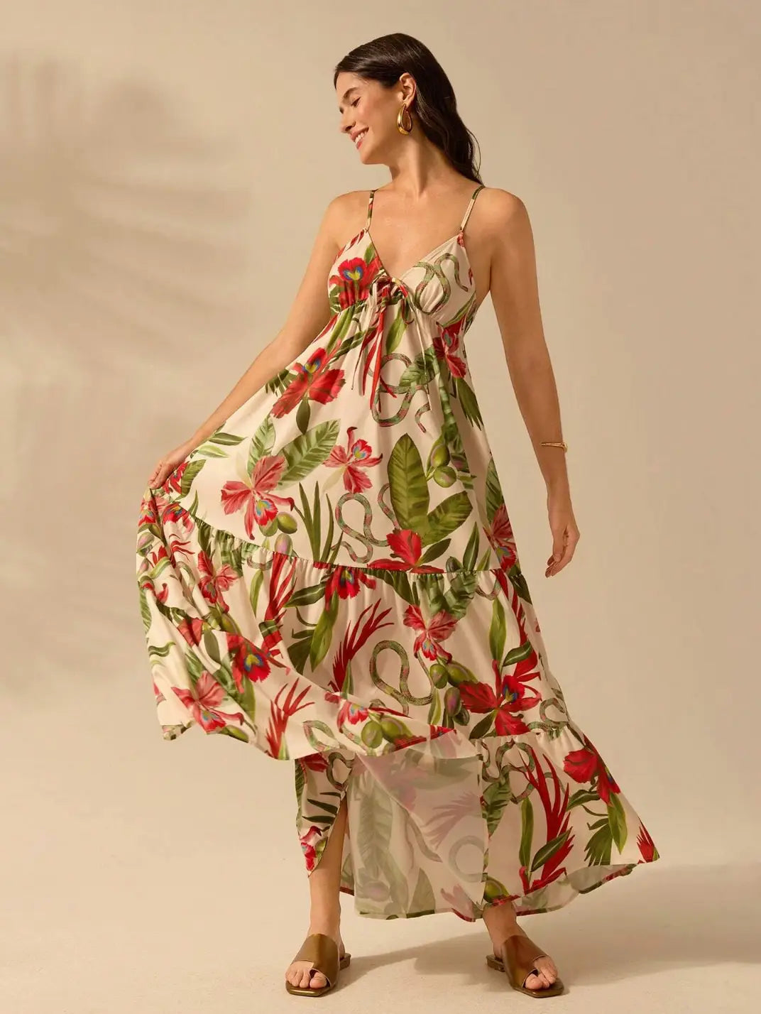 Vestido Longo Três Marias Orquídea - EstiloE, Vestido Soltinho, Vestido Rodado, Vestido Longo, Vestido Franzido, Vestido Floral, Vestido Feminino, Vestido Estampado, Vestido Casual, Vestido Boho, Vestido Alcinha, Vestido Três Marias