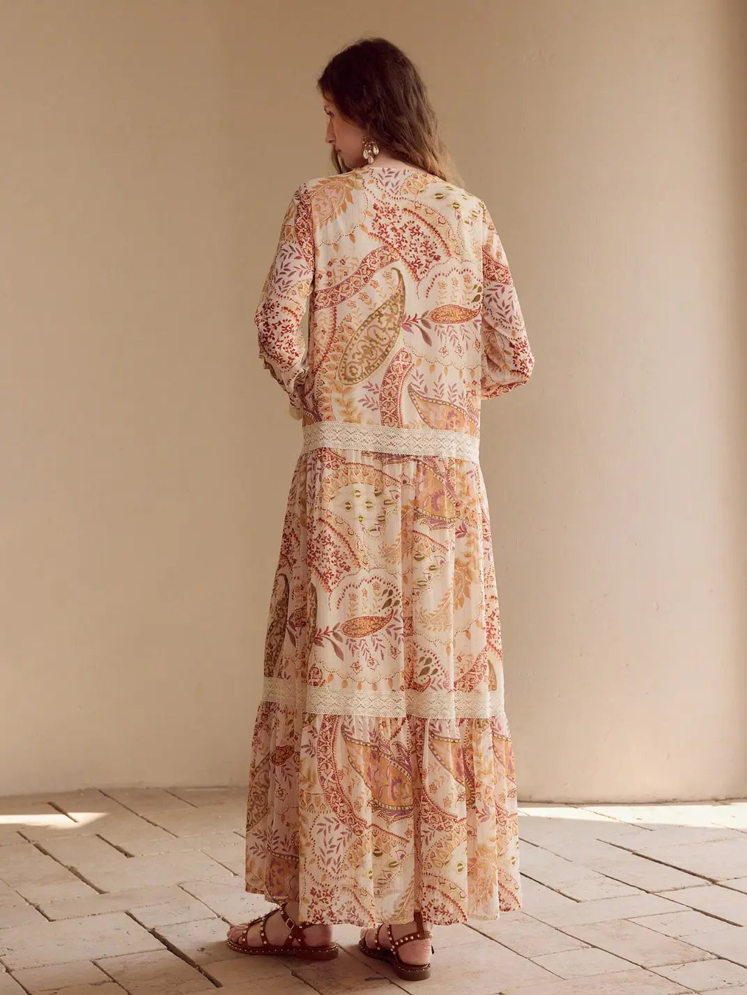 Vestido Maxi Manga Longa Paisley - EstiloE, Vestido Manga Longa, Vestido Longo, Vestido Manga Longa com Renda, Vestido Boho, Vestido Casual, Vestido Chiffon, Vestido Estampa Paislay, Vestido Boho Chic, Vestido Maxi