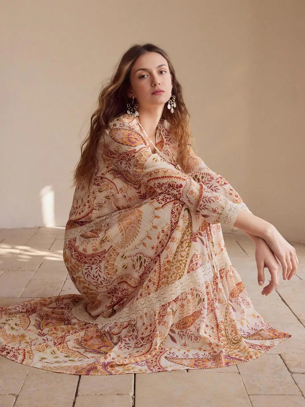 Vestido Maxi Manga Longa Paisley - EstiloE, Vestido Manga Longa, Vestido Longo, Vestido Manga Longa com Renda, Vestido Boho, Vestido Casual, Vestido Chiffon, Vestido Estampa Paislay, Vestido Boho Chic, Vestido Maxi