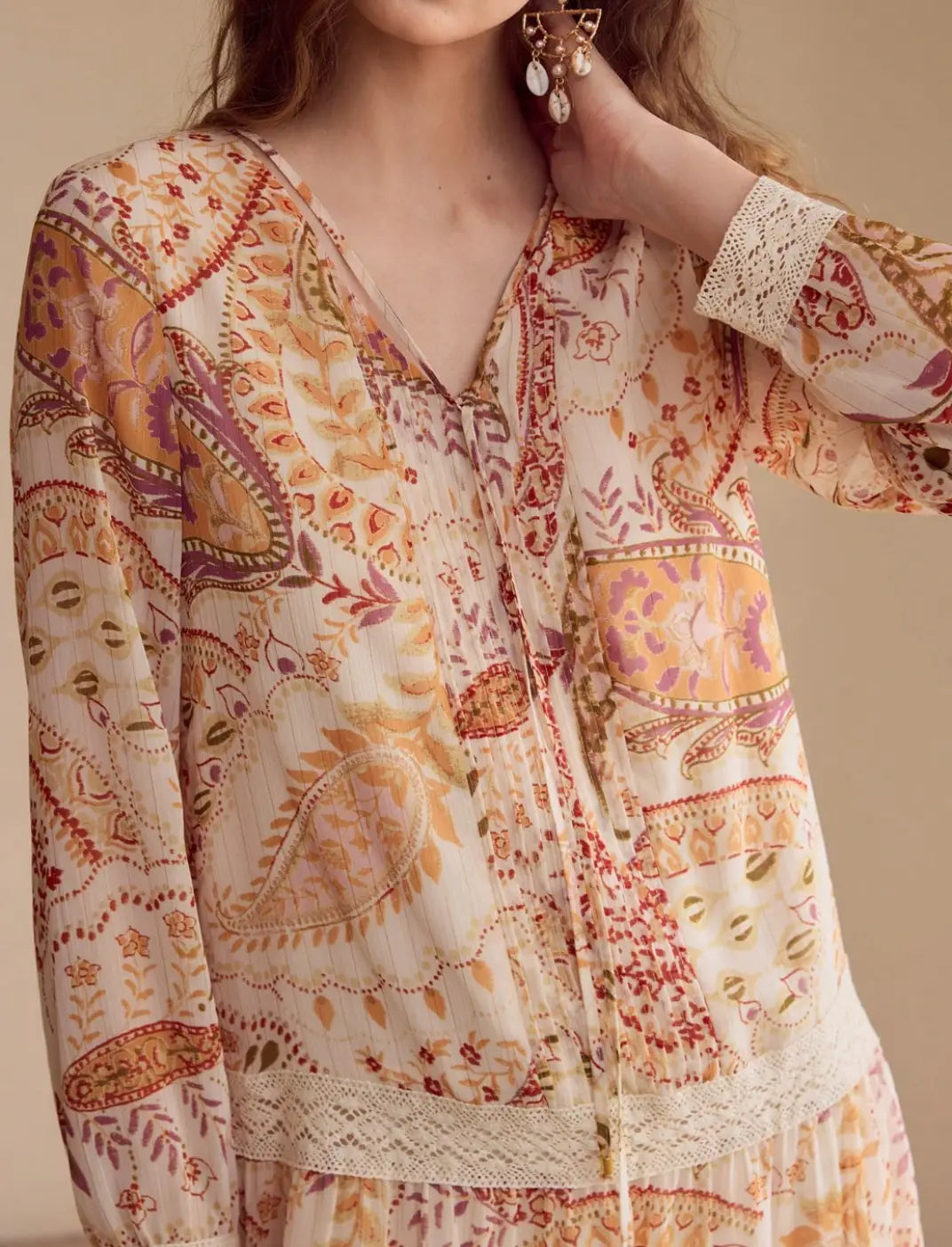 Vestido Maxi Manga Longa Paisley - EstiloE, Vestido Manga Longa, Vestido Longo, Vestido Manga Longa com Renda, Vestido Boho, Vestido Casual, Vestido Chiffon, Vestido Estampa Paislay, Vestido Boho Chic, Vestido Maxi