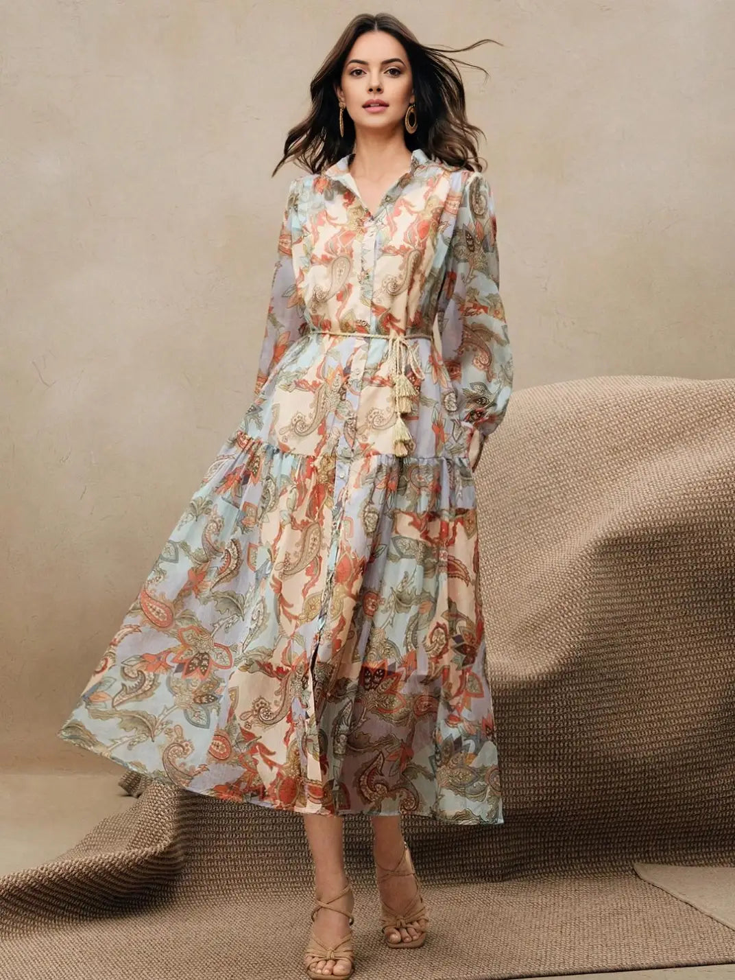 Vestido Midi Chemise Franzido Manga Longa - EstiloE, Vestido Manga Longa Bufante, Vestido Longo, Vestido Manga Longa, Vestido Social, Vestido Elegante, Vestido Midi, Vestido Chiffon, Vestido Boho, Vestido Estampado