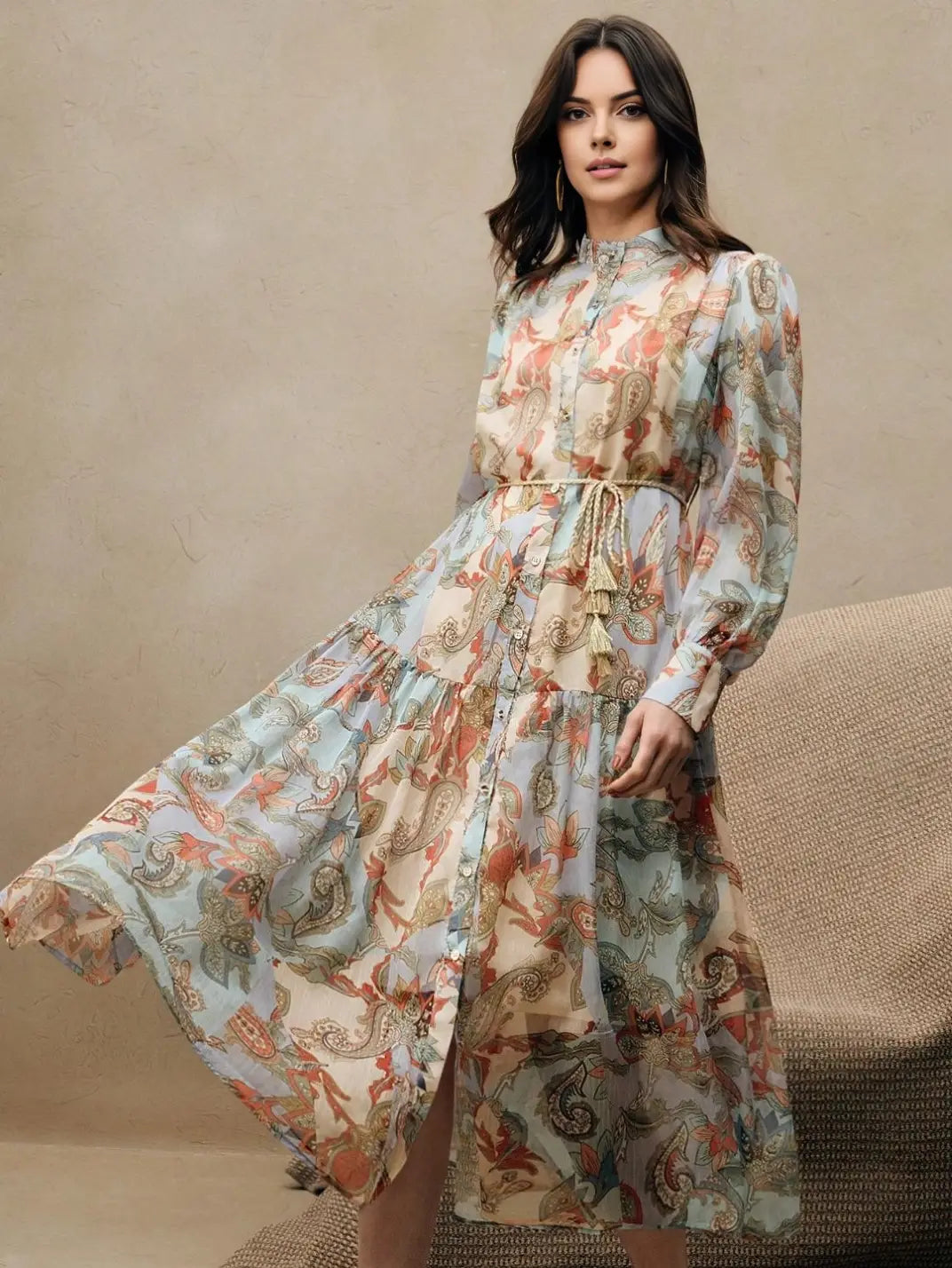 Vestido Midi Chemise Franzido Manga Longa - EstiloE, Vestido Manga Longa Bufante, Vestido Longo, Vestido Manga Longa, Vestido Social, Vestido Elegante, Vestido Midi, Vestido Chiffon, Vestido Boho, Vestido Estampado