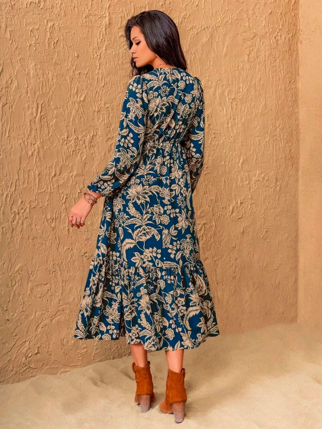 Vestido Midi Manga Longa Boho Floral Azul - EstiloE, Vestido Manga Longa Bufante, Vestido Longo, Vestido Manga Longa, Vestido Boho, Vestido Elegante, Vestido Casual, Vestido Chiffon, Vestido Estampa Foral, Vestido Boho Chic