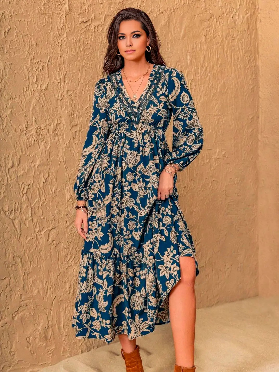 Vestido Midi Manga Longa Boho Floral Azul - EstiloE, Vestido Manga Longa Bufante, Vestido Longo, Vestido Manga Longa, Vestido Boho, Vestido Elegante, Vestido Casual, Vestido Chiffon, Vestido Estampa Foral, Vestido Boho Chic