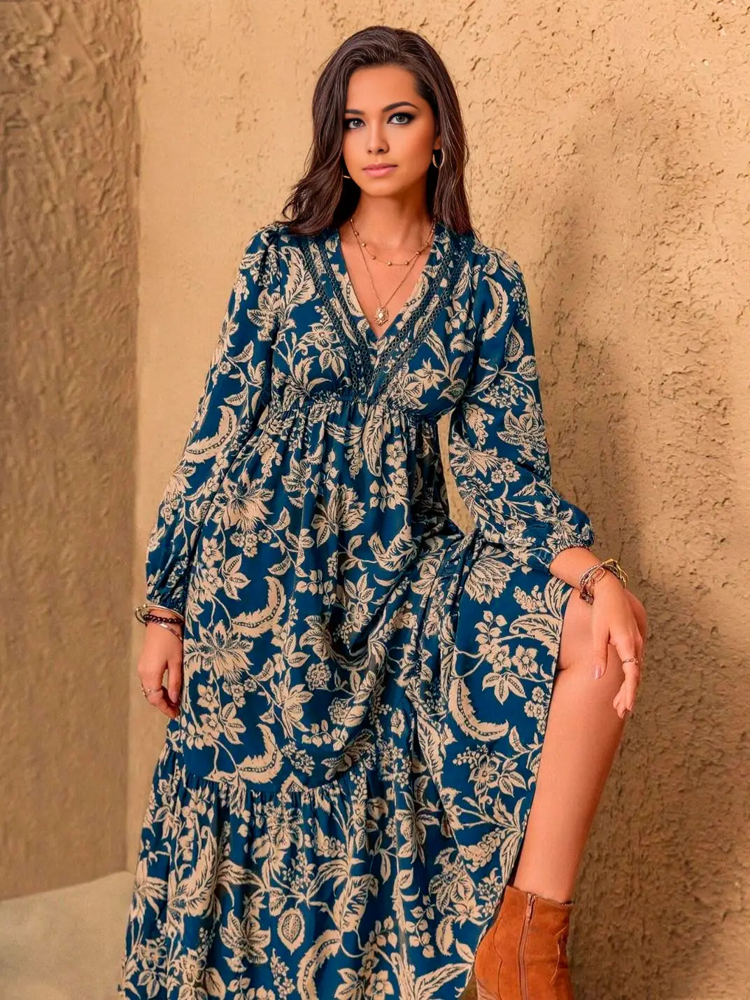 Vestido Midi Manga Longa Boho Floral Azul - EstiloE, Vestido Manga Longa Bufante, Vestido Longo, Vestido Manga Longa, Vestido Boho, Vestido Elegante, Vestido Casual, Vestido Chiffon, Vestido Estampa Foral, Vestido Boho Chic