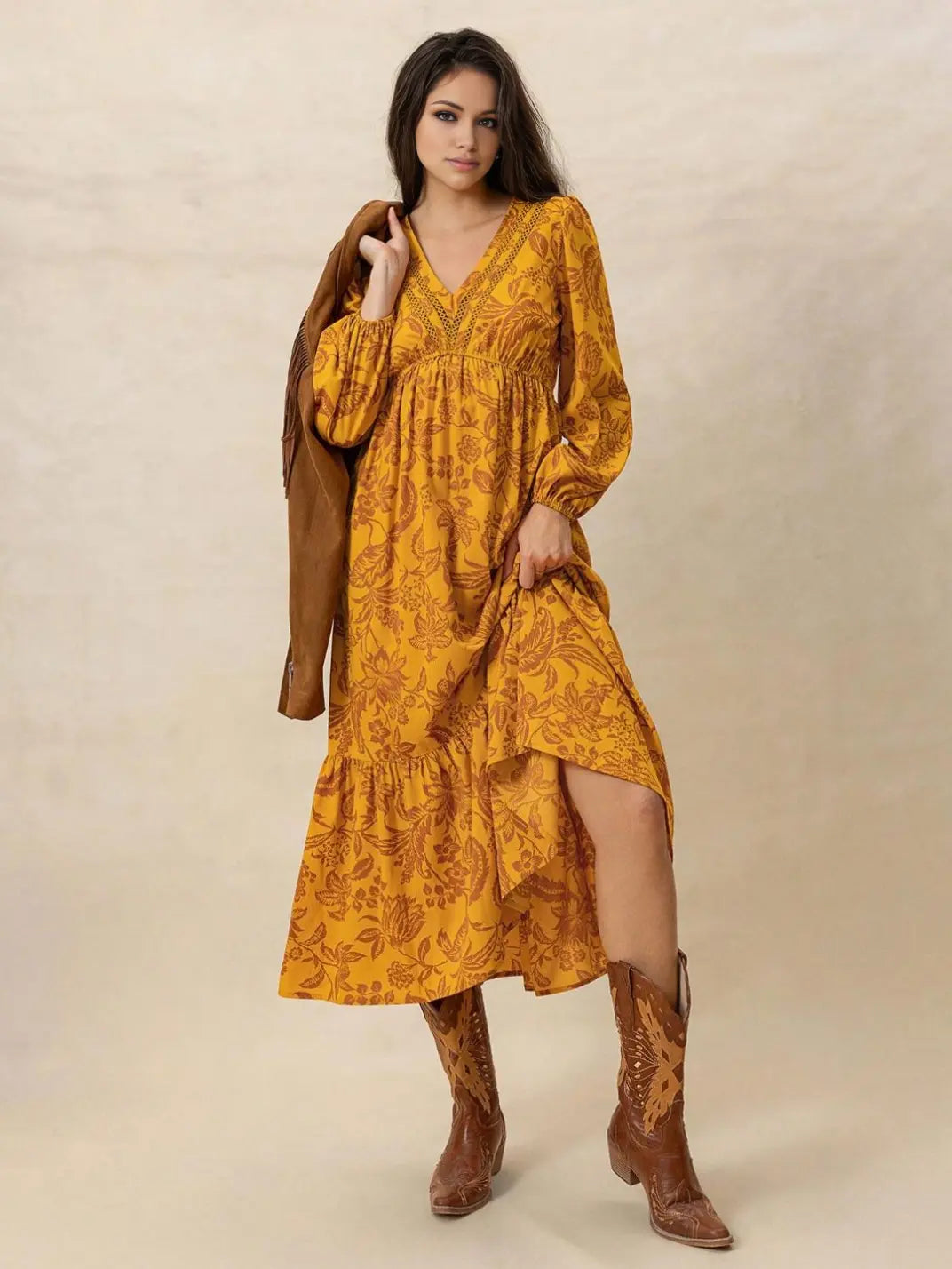 Vestido Midi Manga Longa Boho Floral Laranja - EstiloE, Vestido Manga Longa Bufante, Vestido Longo, Vestido Manga Longa, Vestido Boho, Vestido Elegante, Vestido Casual, Vestido Chiffon, Vestido Estampa Foral, Vestido Boho Chic