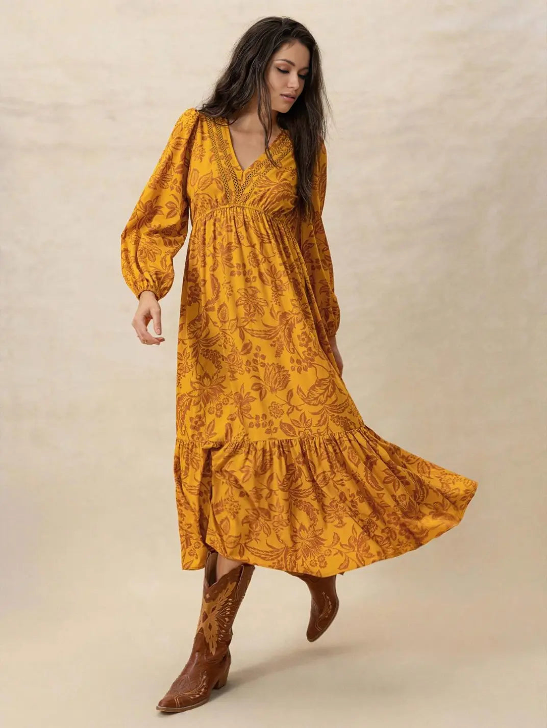 Vestido Midi Manga Longa Boho Floral Laranja - EstiloE, Vestido Manga Longa Bufante, Vestido Longo, Vestido Manga Longa, Vestido Boho, Vestido Elegante, Vestido Casual, Vestido Chiffon, Vestido Estampa Foral, Vestido Boho Chic