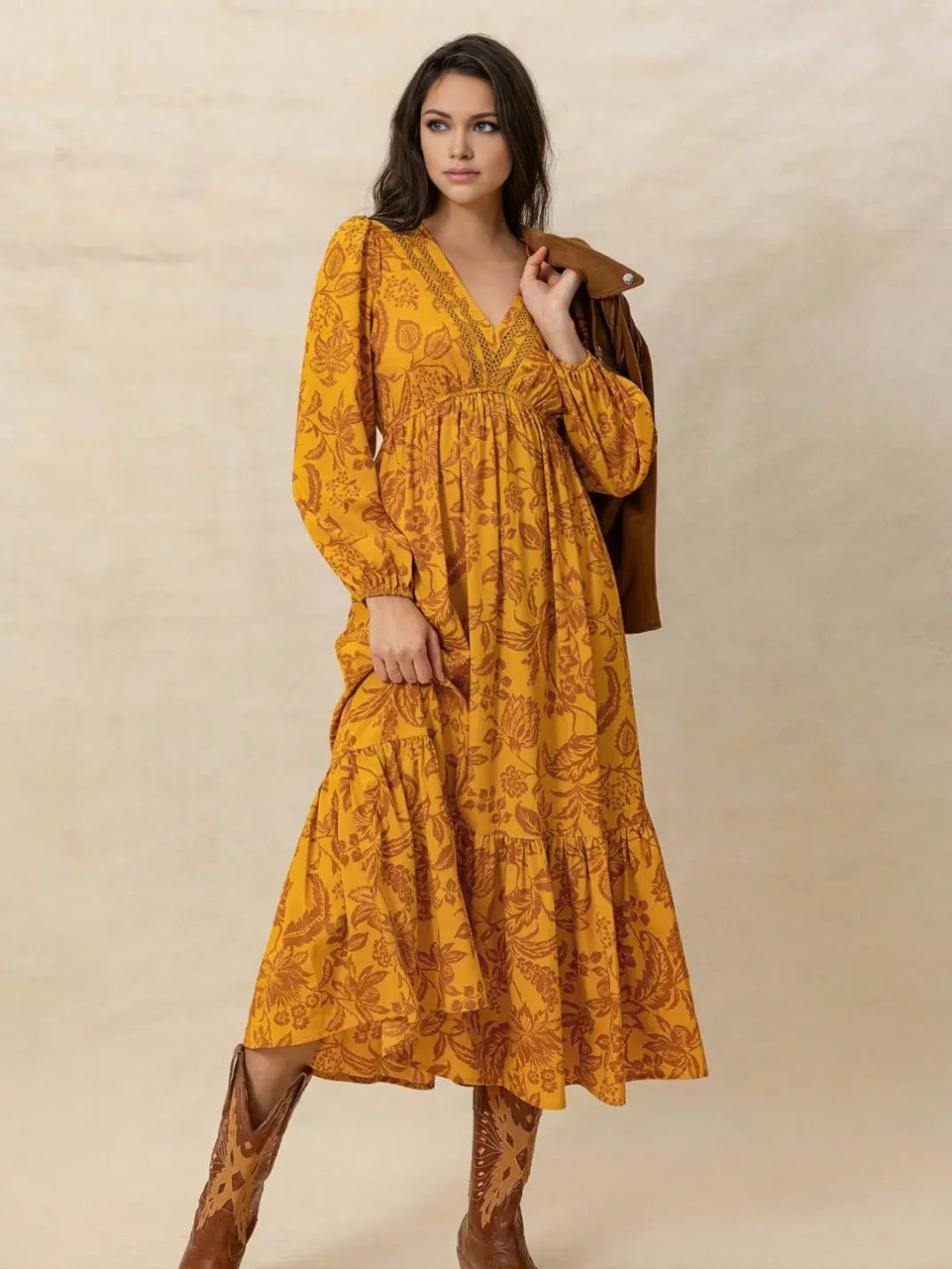 Vestido Midi Manga Longa Boho Floral Laranja - EstiloE, Vestido Manga Longa Bufante, Vestido Longo, Vestido Manga Longa, Vestido Boho, Vestido Elegante, Vestido Casual, Vestido Chiffon, Vestido Estampa Foral, Vestido Boho Chic