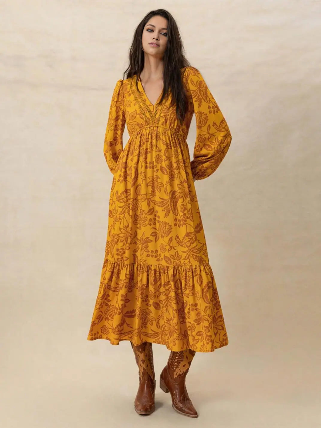 Vestido Midi Manga Longa Boho Floral Laranja - EstiloE, Vestido Manga Longa Bufante, Vestido Longo, Vestido Manga Longa, Vestido Boho, Vestido Elegante, Vestido Casual, Vestido Chiffon, Vestido Estampa Foral, Vestido Boho Chic
