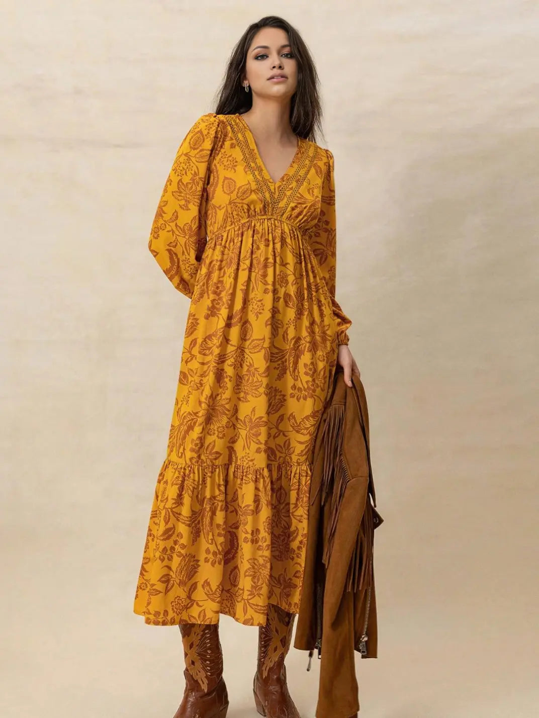 Vestido Midi Manga Longa Boho Floral Laranja - EstiloE, Vestido Manga Longa Bufante, Vestido Longo, Vestido Manga Longa, Vestido Boho, Vestido Elegante, Vestido Casual, Vestido Chiffon, Vestido Estampa Foral, Vestido Boho Chic