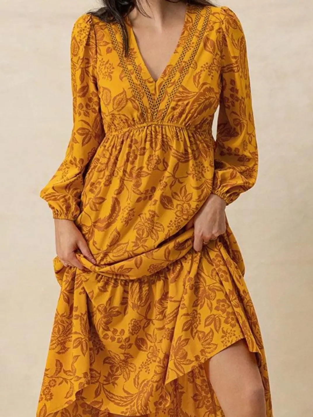Vestido Midi Manga Longa Boho Floral Laranja - EstiloE, Vestido Manga Longa Bufante, Vestido Longo, Vestido Manga Longa, Vestido Boho, Vestido Elegante, Vestido Casual, Vestido Chiffon, Vestido Estampa Foral, Vestido Boho Chic