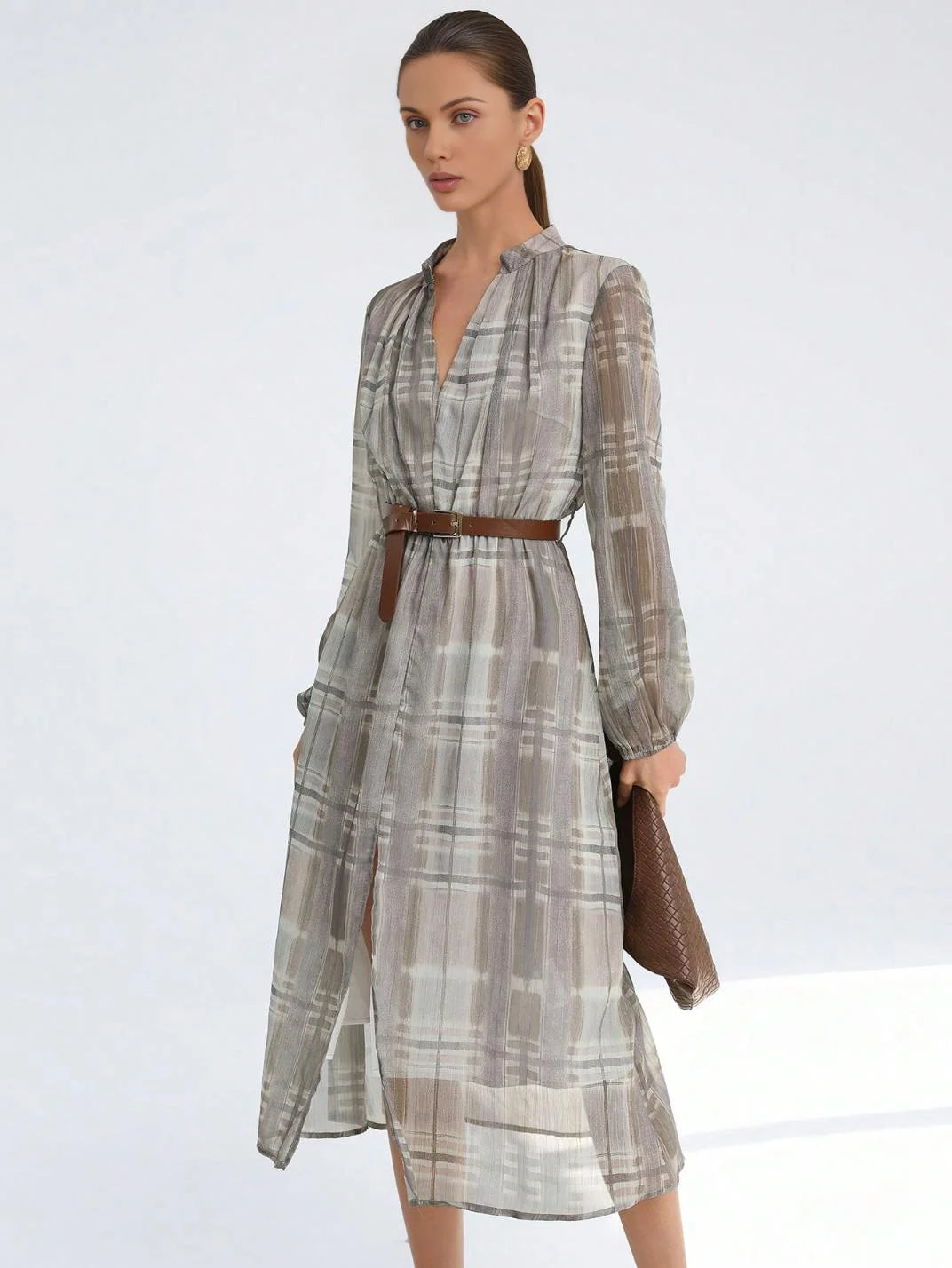 Vestido Midi Manga Longa Xadrez Glam - EstiloE, Vestido Manga Longa Bufante, Vestido Longo, Vestido Manga Longa, Vestido Social, Vestido Elegante, Vestido Midi, Vestido Chiffon, Vestido Xadrez, Vestio Estampado