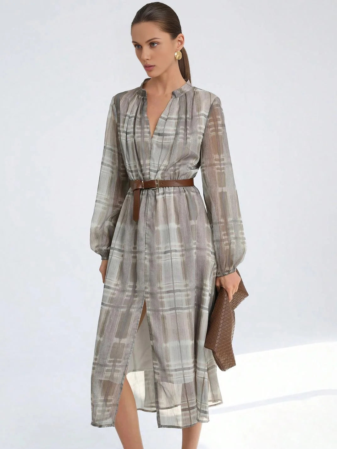 Vestido Midi Manga Longa Xadrez Glam - EstiloE, Vestido Manga Longa Bufante, Vestido Longo, Vestido Manga Longa, Vestido Social, Vestido Elegante, Vestido Midi, Vestido Chiffon, Vestido Xadrez, Vestio Estampado