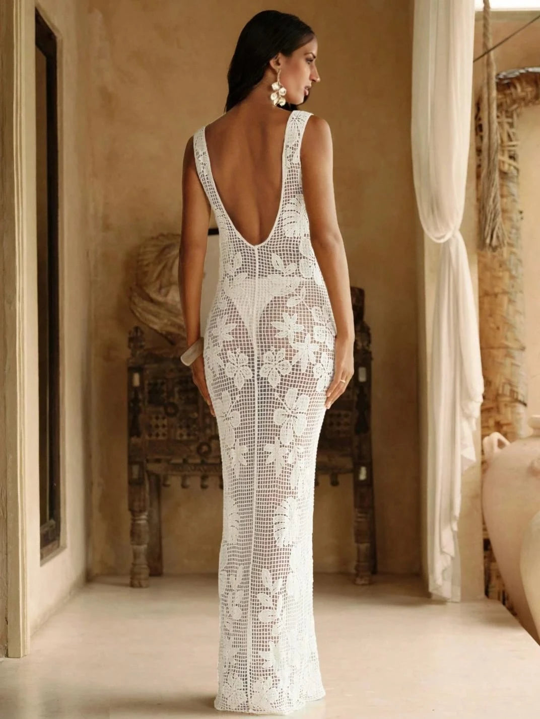 Vestido Saída de Praia Longo Ibisco Branco EstiloE, Vestido Feminino, Vestido Saída de Praia, Vestido Croche, Vestido Tricô, Vestido Longo Crocê, Saída de Praia Croche Branco