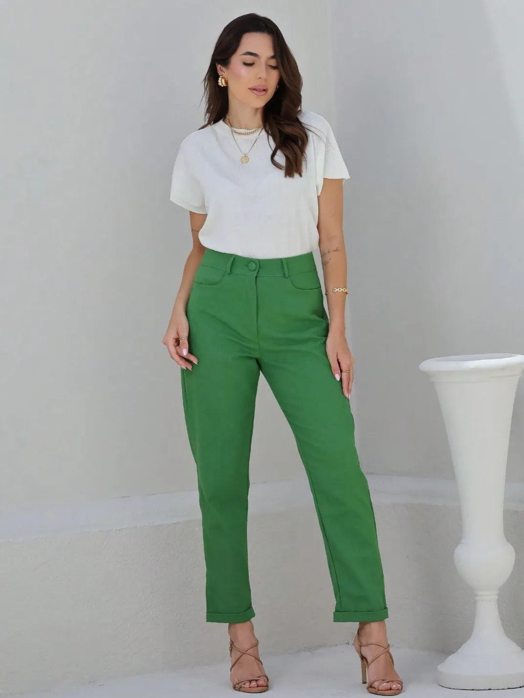 Calça Feminina de Linho Básica Verde - EstiloE, Calça Skinny, Calça Reta Feminina, Calça Feminina Casual, Calça Feminina, Calça de Linho Feminina, Calça de Linho Verde