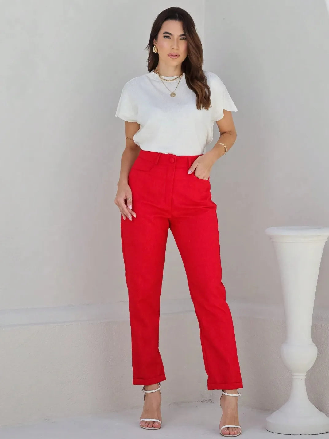 Calça Feminina de Linho Básica Vermelha - EstiloE, Calça Skinny, Calça Reta Feminina, Calça Feminina Casual, Calça Feminina, Calça de Linho Feminina, Calça de Linho Vermelha
