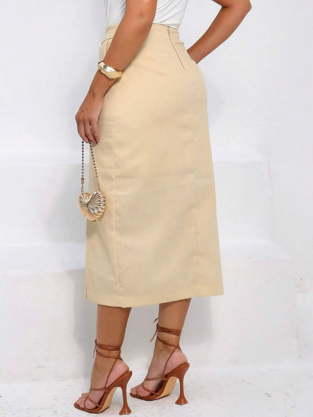 Saia Midi Linho Lápis Fenda Creme EstiloE, Saia Midi de Linho, Saia Midi, Saia Linho, Saia Feminina, Saia com Fenda, Saia Casual, Saia Linho Creme, Saia Bege, Saia Lápis