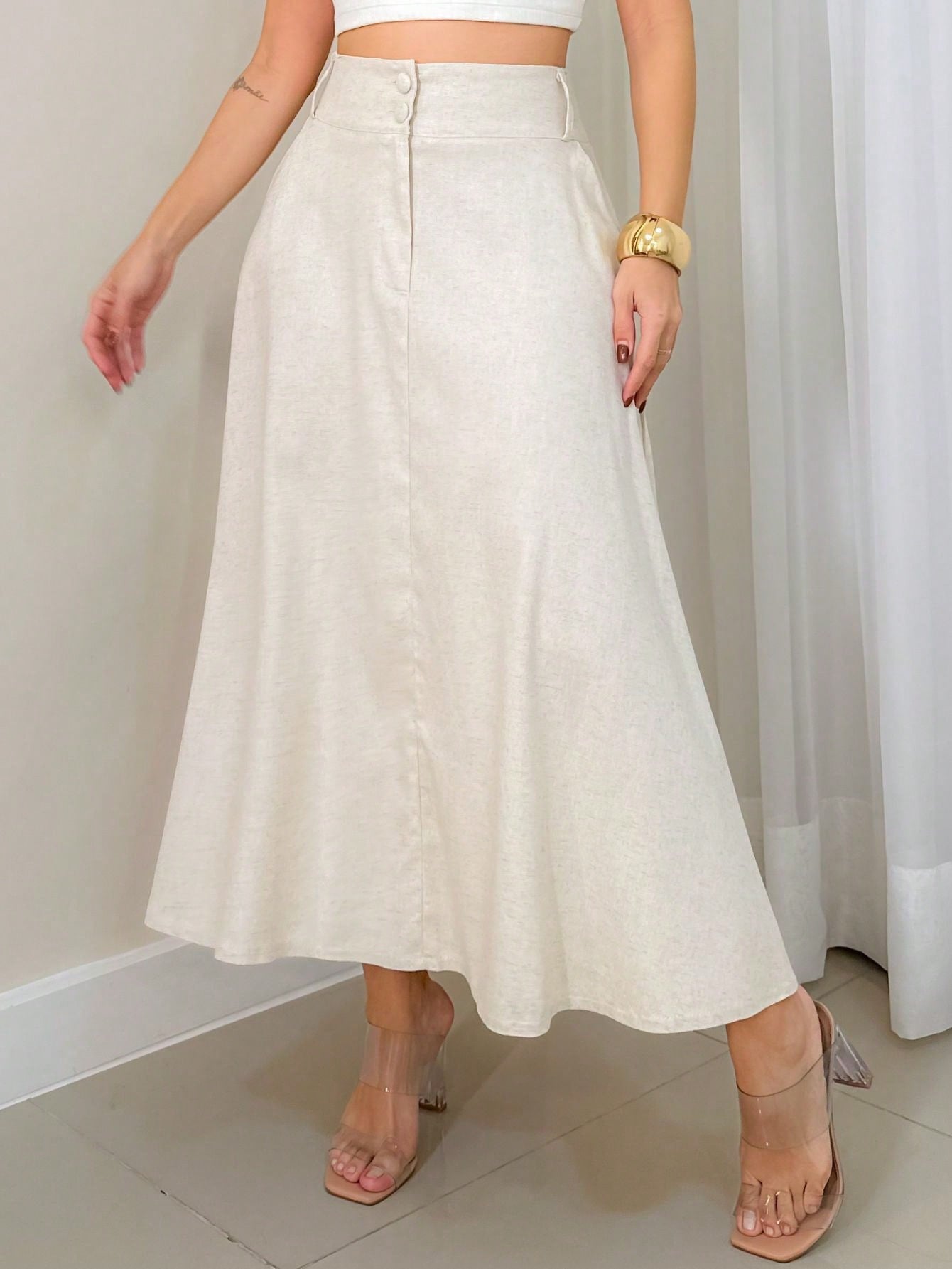 Saia Midi Linho com Bolso Natural - EstiloE, Saia Midi, Saia Linho, Saia Feminina, Saia Casual, Saia Soltinha, Saia com Bolso