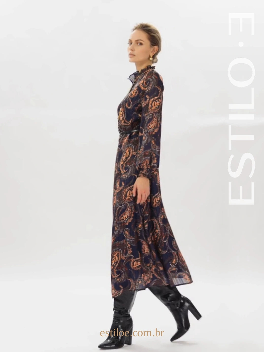 Vestido Midi Manga Longa Textura Paisley - EstiloE, Vestido Manga Longa Bufante, Vestido Longo, Vestido Manga Longa, Vestido Boho, Vestido Elegante, Vestido Midi, Vestido Chiffon, Vestido Estampa Paislay
