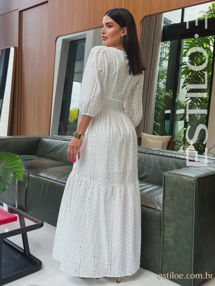 Vestido Longo Laise com Manga Branco - EstiloE, Vestido manga Bufante, Vestido Longo, Vestido Laise, Vestido Feminino, Vestido Casual, Vestido Boho, Vestido Branco